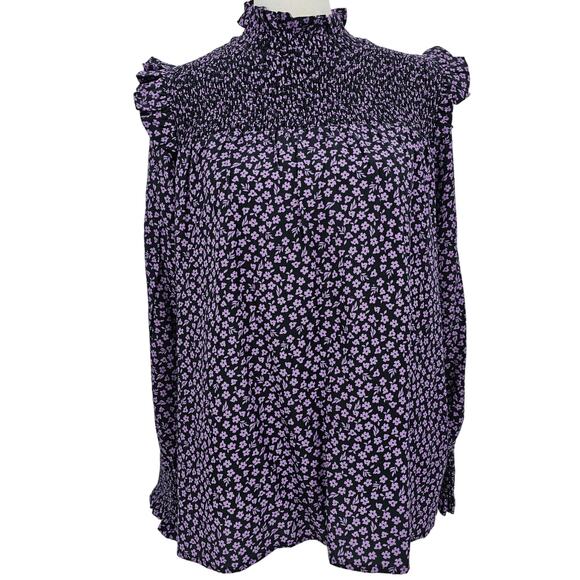Barbour Tops - Barbour Black and Lavender Floral Smocked-Ruffle Blouse